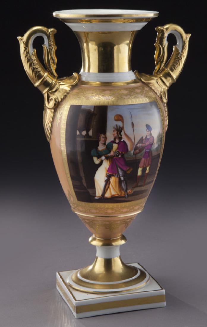 Sevres style porcelain vase: Sevres style porcelain vase having plaque featuring soldiers and a maiden within gilt frame and flaked by swan-form handles, raised on square base. Marked to underside for Honore. 14"H. CONDITION: Wea