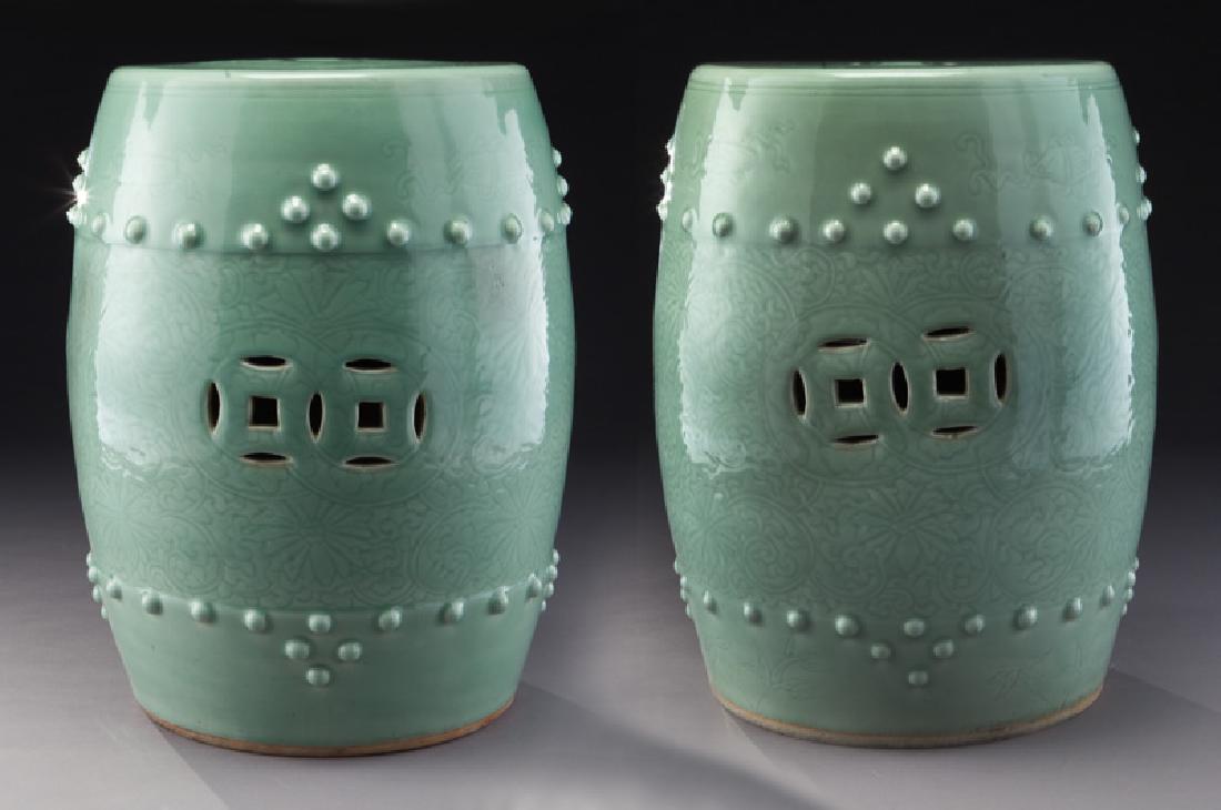 Pr. Chinese Qing celadon garden stools. (1 of 8)
