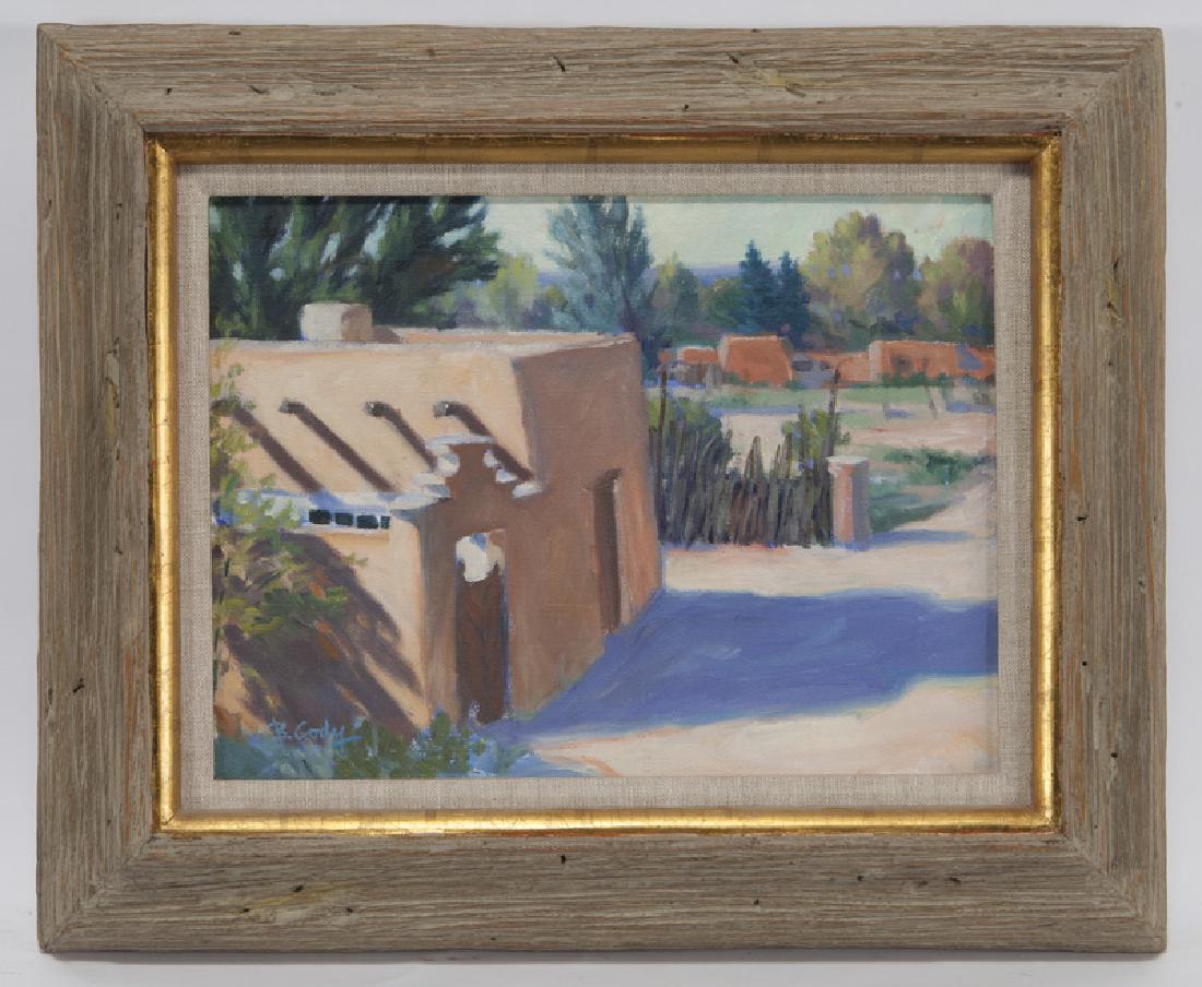 Bruce Cody "From Canyon Road" oil on canvas.: Bruce Cody "From Canyon Road" oil on canvas. Signed lower left, "B. Cody". Canvas: 12"H x 16"W; Frame: 18.625"H x 22.625"W. PROVENANCE: Tobin Collection, Dallas, TX. Bruce Cody (American/New Mexico, 2