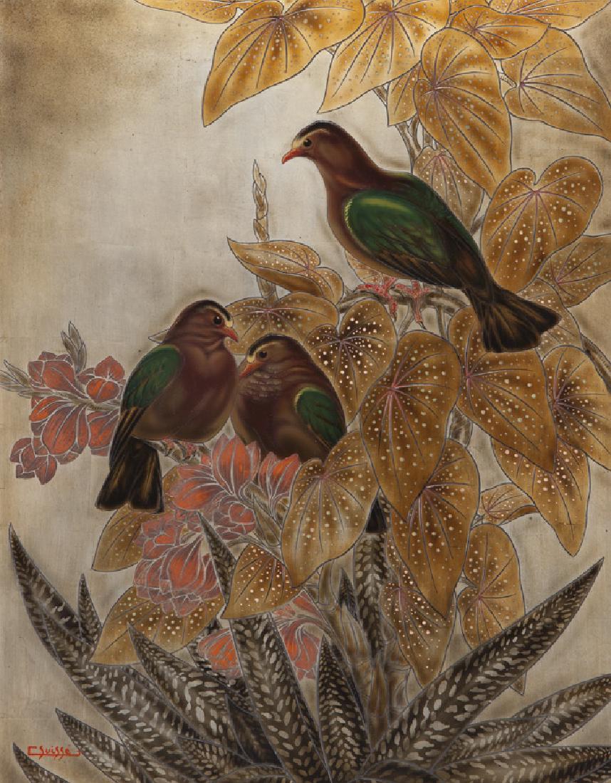 Gaston Suisse "Untitled (Three birds)": Gaston Suisse "Untitled (Three birds)" lacquer on panel. Signed lower left, "G Suisse". Panel: 30.75"H x 20.875"W; Frame: 37.75"H x 31"W NOTE: Christie's Auction sticker to verso. Gaston Suisse (Frenc