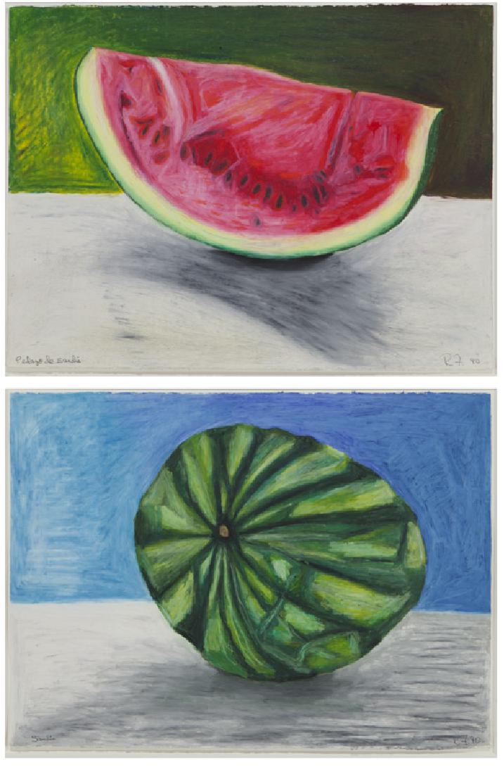 (2) Rafael Ferrer "Pedazo de Sandia" and: (2) Rafael Ferrer "Pedazo de Sandia" and "Sandia" oil pastel on paper, 1990. Both titled lower left and initialed and dated lower right, "R.F. 90". Sheets: 22.5"H x 30"W; Frames: 34.75"H x 42"W. PROVE