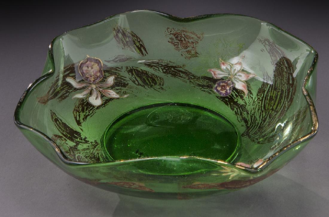 Early Galle French cameo bowl: Early Galle French cameo bowl decorated with pink orchids. Signed, "Emile Galle Nancy". 6" Dia., Circa - 1890. PROVENANCE: From the Estate of John W. Lolley, Monroe, Louisiana.