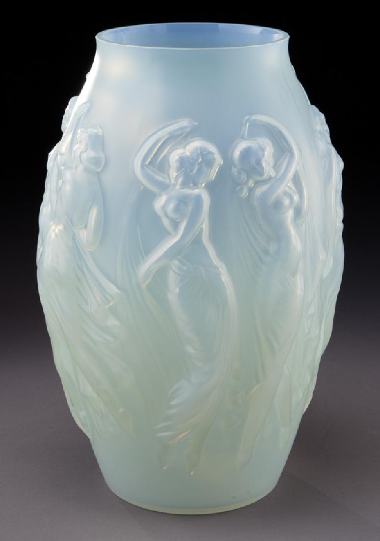 Sabino opalescent vase: Sabino opalescent vase with classical figures in relief surrounding body. Signed, "Sabino". 13.25"H, Circa - 20th C.
