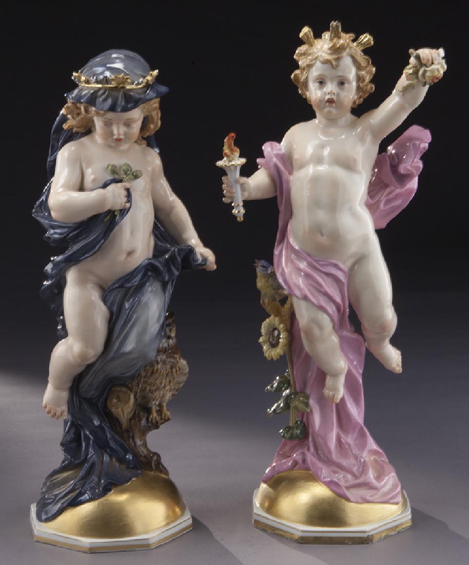 Meissen "Night" and "Day" porcelain figures: Meissen "Night" and "Day" porcelain figures "Night": 13.75"H, model # L135 and "Day": 14.5"H, model # L134, both with blue crossed swords mark. Circa - Late 19th C.