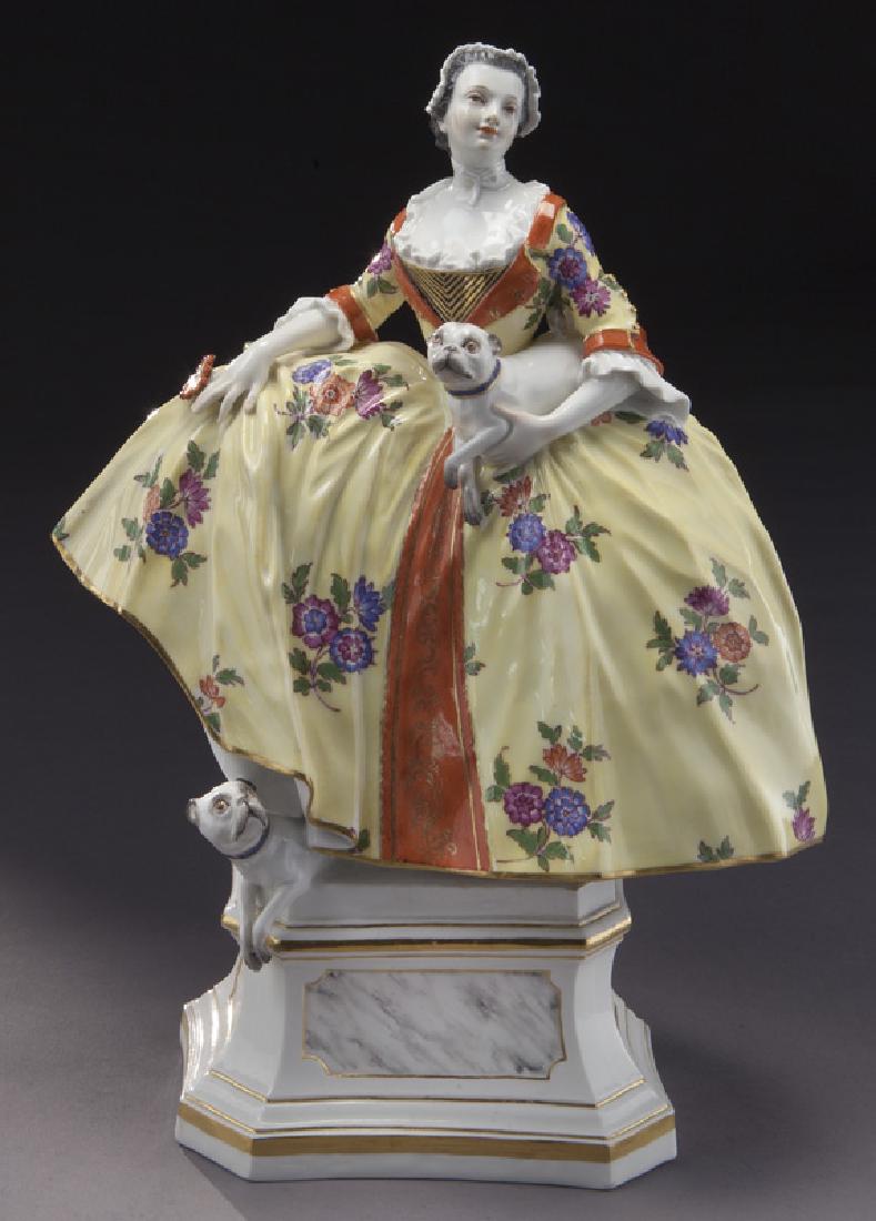 Meissen porcelain figure "Dame of the Order of: Meissen porcelain figure "Dame of the Order of the Mops", with blue crossed swords mark. 11"H x 7.5"W x 6"D, Circa - 1900.