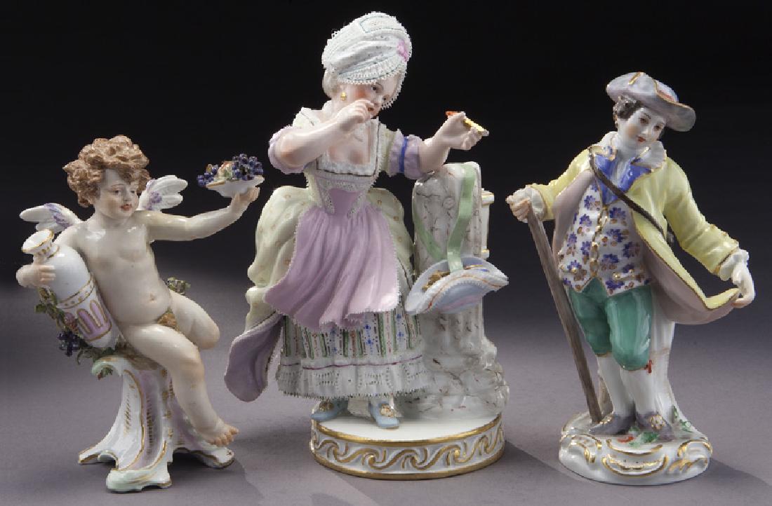 (3) Meissen porcelain figures,: (3) Meissen porcelain figures, including: (1) "Girl Aiming Arrow", model # F32, with blue crossed swords mark, 6"H, tip of arrow missing; (1) Gentleman hiker holding a staff, model # 20, with blue cro