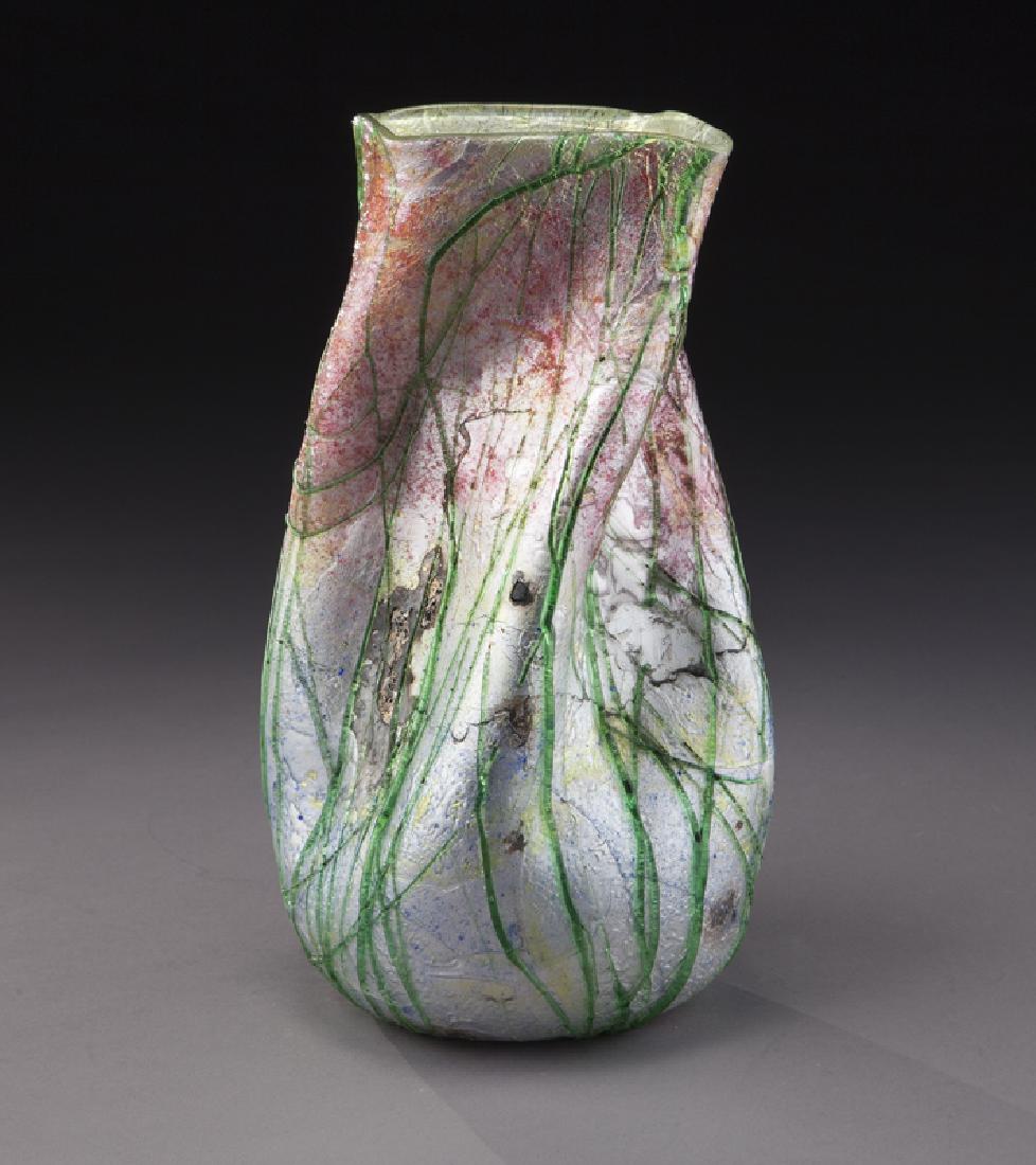 Steven & Williams silveria glass vase,: Steven & Williams silveria glass vase, twist form with applied green threading over silver platinum and rose ground. With Stevens and Williams Fleur-de-lis signature. 11.25"H, Circa - 1920. PROVENANCE