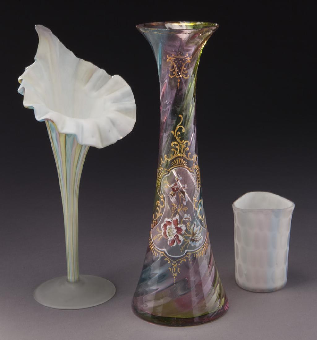 (3) Rainbow glass items,: (3) Rainbow glass items, including: (1) triangular coinspot tumbler; (1) Italian Jack and the pulpit; (1) translucent vase with floral medallion. Tallest: 12"H, Circa - 1900. PROVENANCE: From the Esta