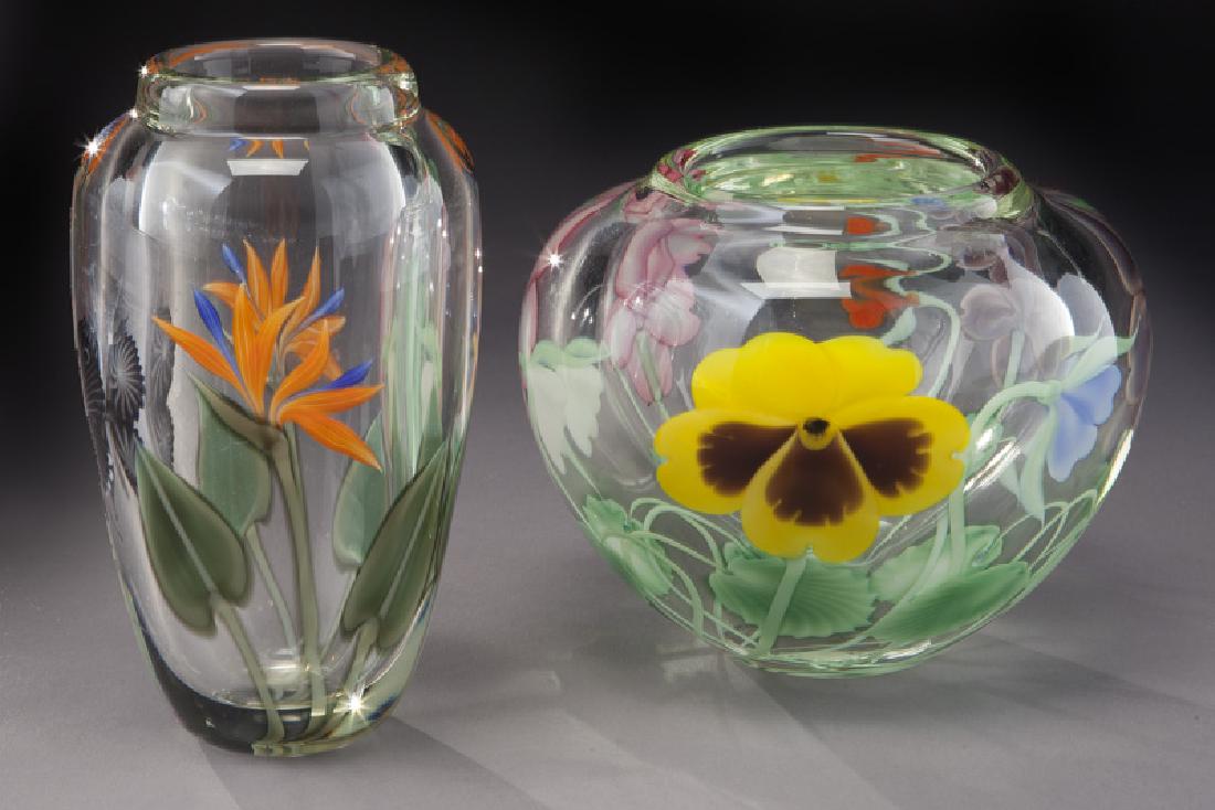 (2) Orient & Flume vases,: (2) Orient & Flume vases, including: (1) with floral and butterfly motif. Signed, "Orient & Flume / Beyers / Sillars"; (1) with floral surround. Signed, "Orient & Flume / Alexander". Taller: 6.75"H, C