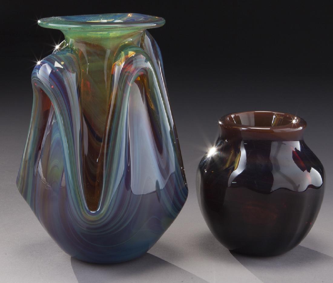 (2) Dominick Labino glass vases: (2) Dominick Labino glass vases in paperweight form in cranberry and turquoise with thick applique, unsigned. Together with a paperweight ribbed vase in crimson and blue, signed 1970. 8"H, Circa - PRO