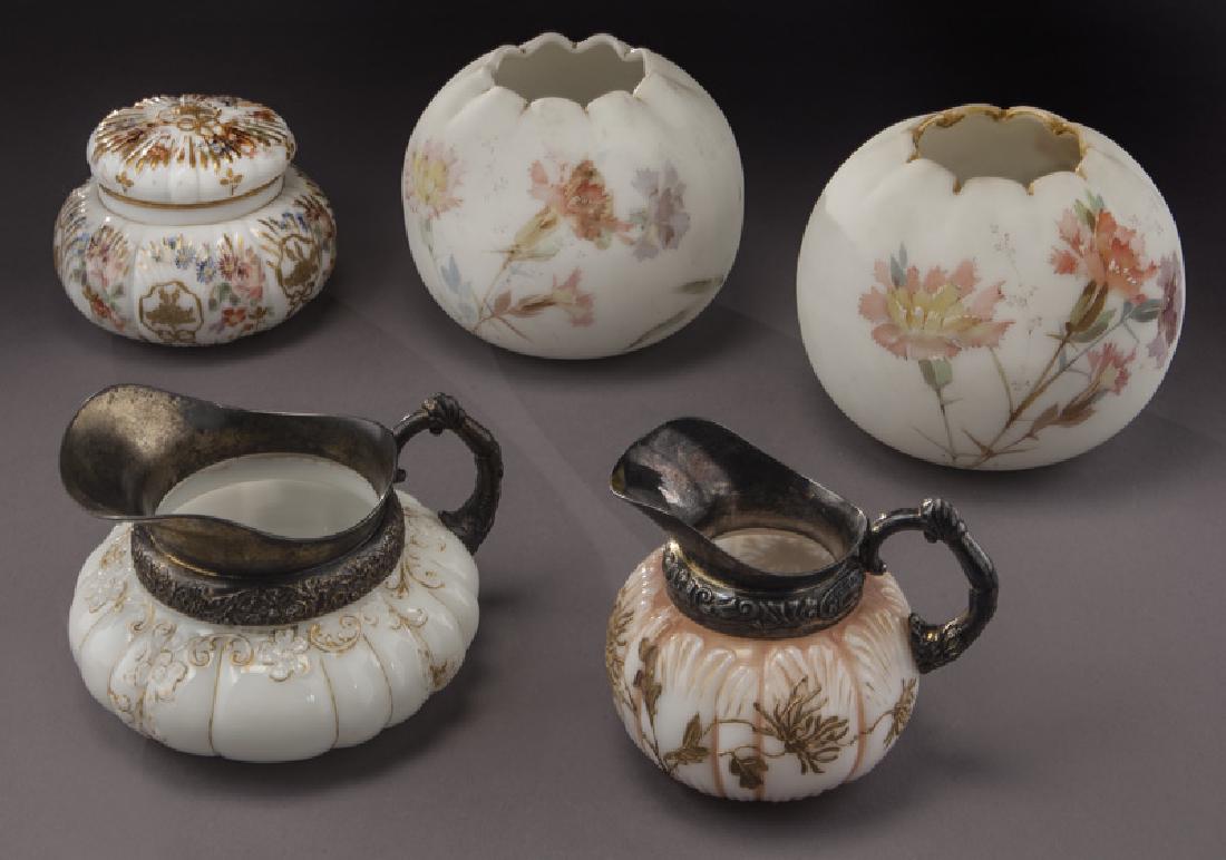 (5) Mt. Washington Colonial Ware items,: (5) Mt. Washington Colonial Ware items, including: (2) pitchers; (1) covered box; (2) rose bowls. Tallest: 4"H, Circa - 1890. PROVENANCE: From the Estate of John W. Lolley, Monroe, Louisiana.