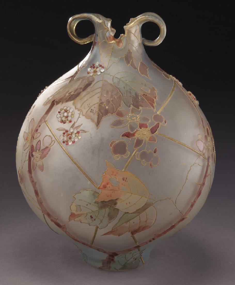 Mt. Washington Royal Flemish vase,: Mt. Washington Royal Flemish vase, bulbous orb form with two rolling handles decorated with fall colored leaves and raised berries. NOTE: Mt. Washington & Pairpoint Glass by Wilson, page 34. 9.5"H, Ci