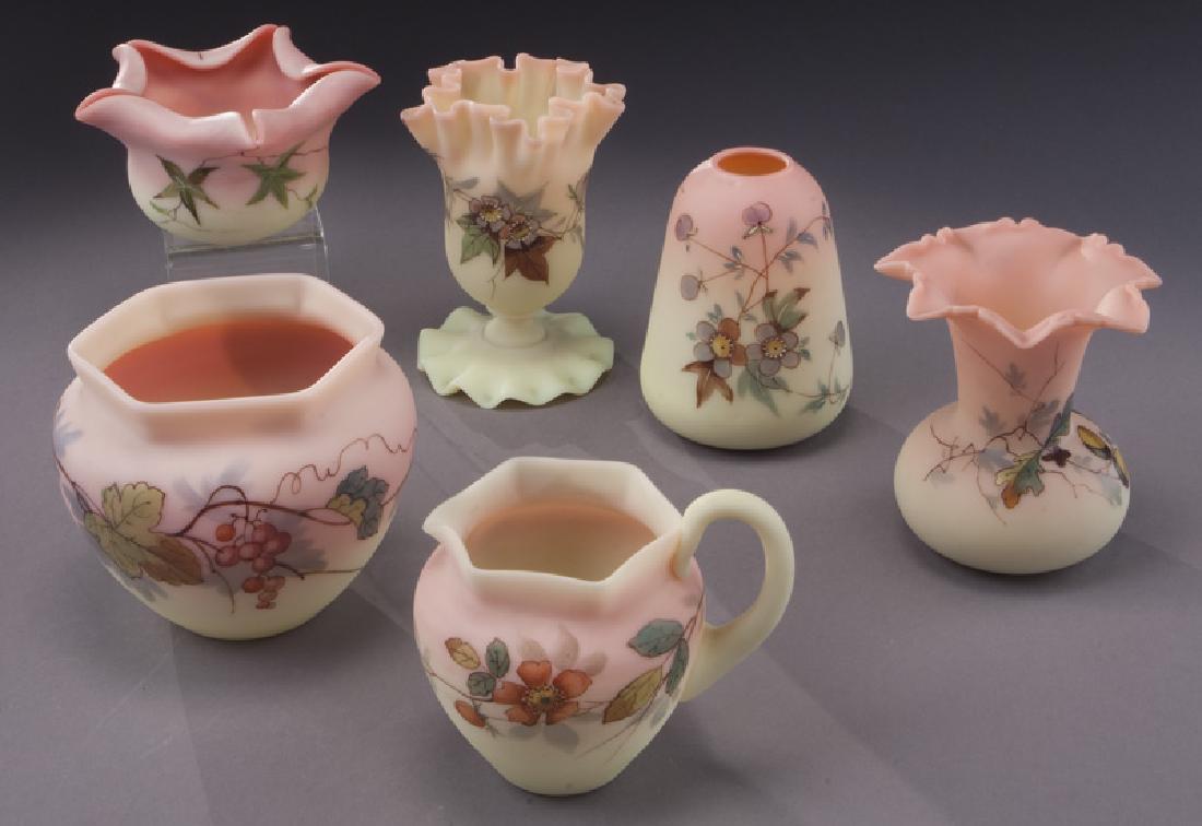 (6) Pcs. Burmese glass,: (6) Pcs. Burmese glass, (1) marked for Webb. Various, Circa - 1890. PROVENANCE: From the Estate of John W. Lolley, Monroe, Louisiana.
