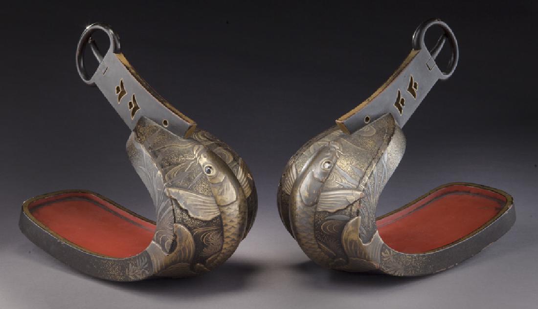 Pr. Japanese Edo lacquered iron Aburni stirrups,: Pr. Japanese Edo lacquered iron Aburni stirrups, depicting carp in a river. 10.75"H x 12"L x 5"W, Circa - 18th C.