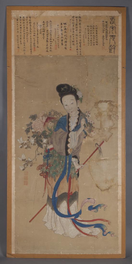 Chinese Qing watercolor painting,: Chinese Qing watercolor painting, depicting the Goddess of Longevity and dated the summer of 1911, the last year of the Qing dynasty. Sealed Jun Lan, Wang Dao Yuan Ming, Sui Yuan, Le Shan. 77"H x 33.7