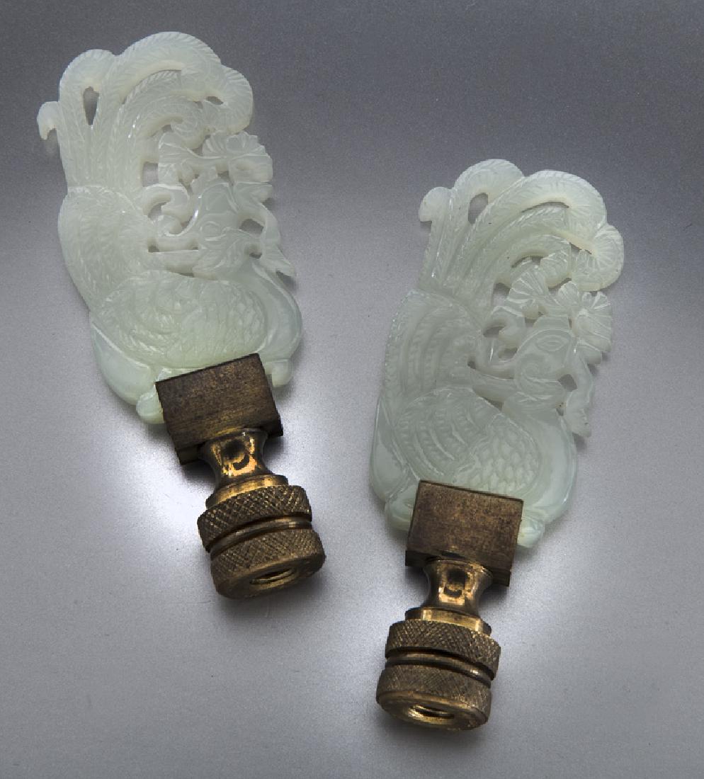 Pr. Chinese Qing carved jade lamp finials,: Pr. Chinese Qing carved jade lamp finials, depicting phoenix. Overall: 3", Circa - 19th C.
