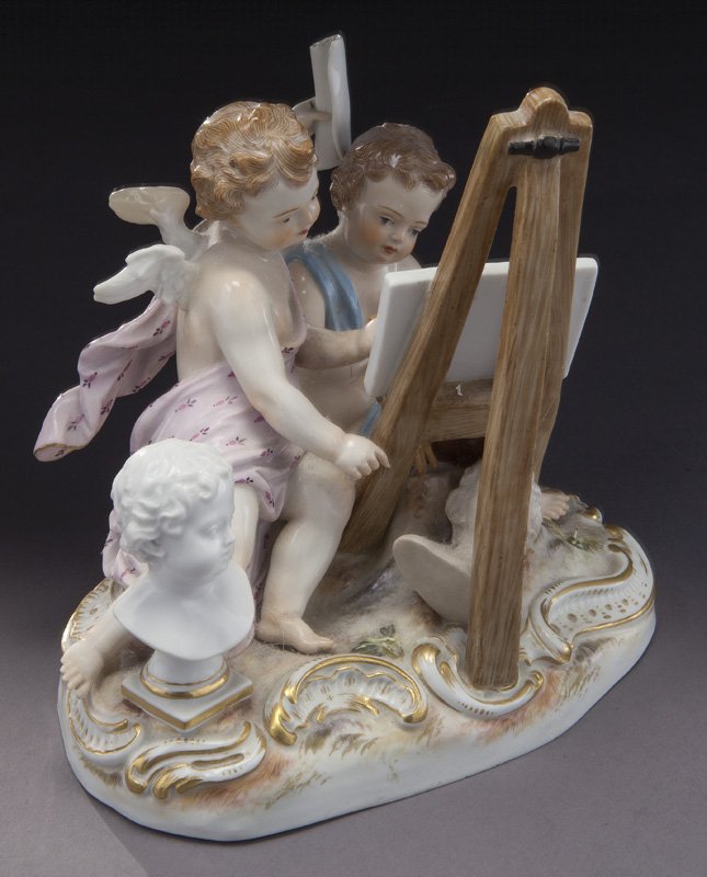 Meissen "Allegories of a Sculptor and Painter": Meissen "Allegories of a Sculptor and Painter" porcelain figural group, originally modeled by Johann Kaendler c. 1756, model #2462, with blue crossed swords mark. 5.8"H x 6"W x 4"D, Circa 1900.