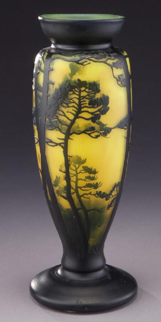 Muller Freres footed cameo glass vase: Muller Freres footed cameo glass vase with navy wooded scene against yellow ground. Signed in cameo, "Muller Freres Luneville". 12.5"H, Circa - 1910. PROVENANCE: From the Estate of John W. Lolley, Mon