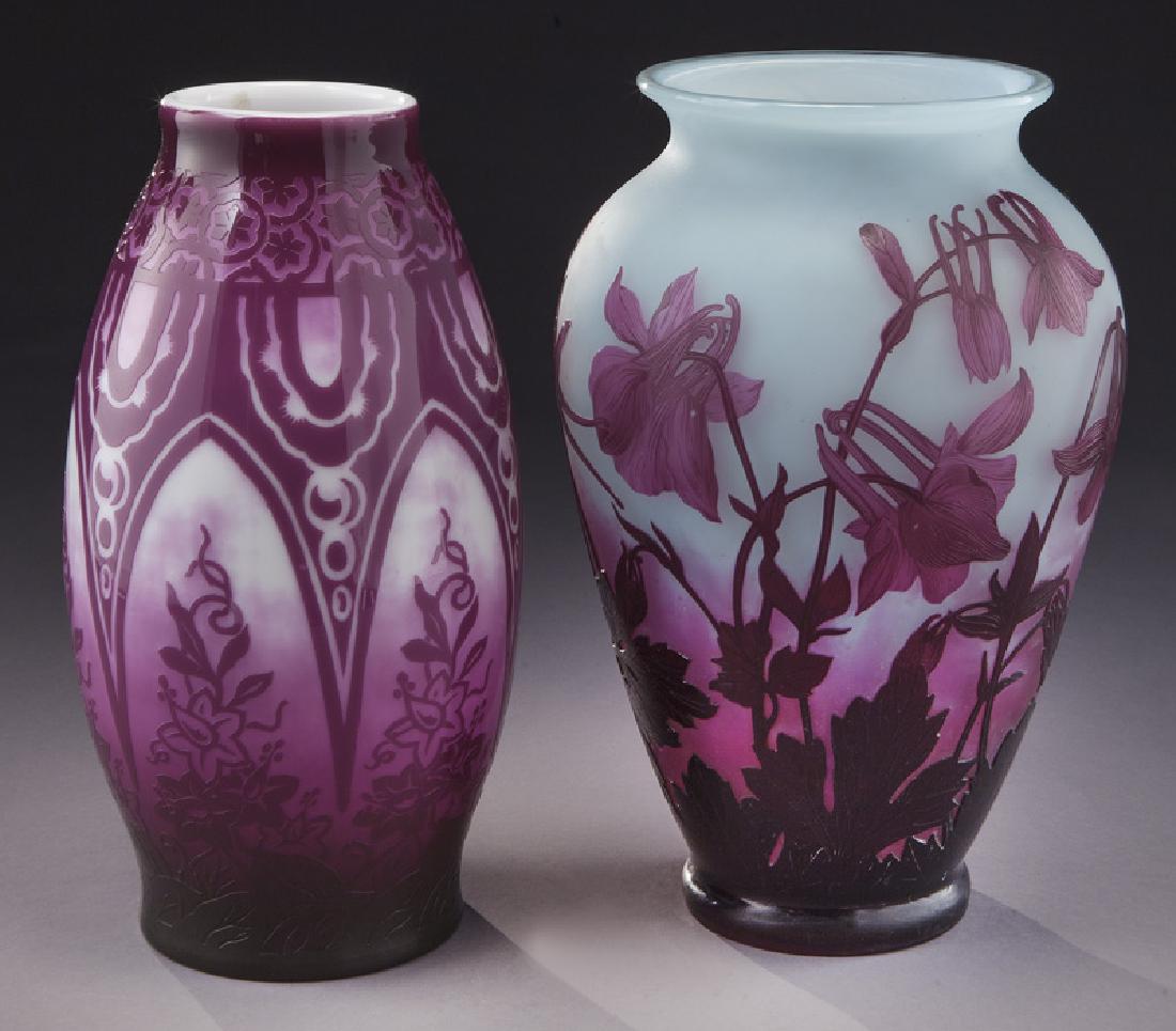 (2) French cameo glass vases,: (2) French cameo glass vases, including: (1) large Delotte with powdered blue decorated with crimson fuchsia. Signed in cameo, "Delotte Nancy"; (1) Cristalleries de Nancy Art Deco with purple cathedra