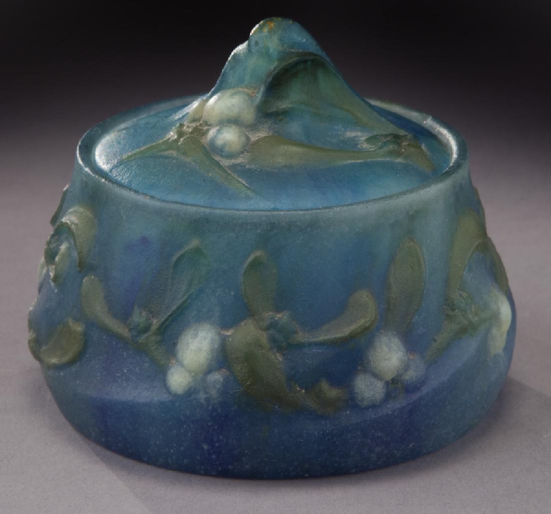 Walter pate de verre box: Walter pate de verre box in shades of blue with a mistletoe pattern. Signed, "A Walter Nancy". 2.5"H, Circa - 1900. PROVENANCE: From the Estate of John W. Lolley, Monroe, Louisiana.