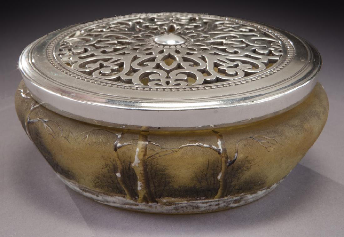 Daum Nancy winter scene bowl,: Daum Nancy winter scene bowl, modeled yellow with snow covered trees, fitted with an associated metal lid. Signed, "Daum Nancy". 4" Dia., Circa - 1900. PROVENANCE: From the Estate of John W. Lolley, M