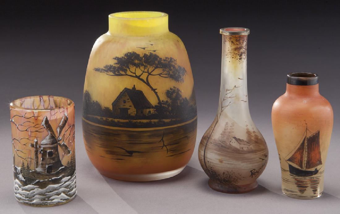 (4) French enameled glass vases: (4) French enameled glass vases by various artists. Signed, "Pynaud"; "H Martin"; "Ducobu". Winter scene without signature. Tallest: 4.5"H, Circa - 1915. PROVENANCE: From the Estate of John W. Lolley,