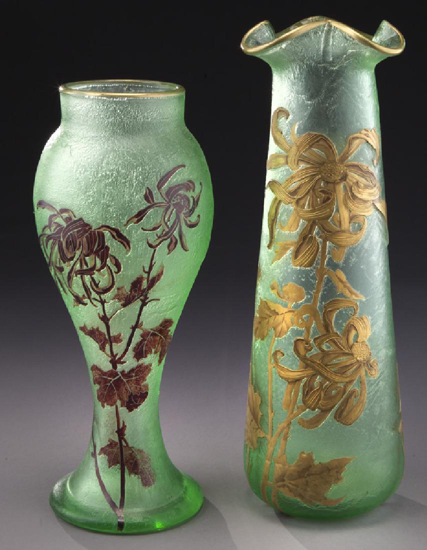 (2) Mount Joye cameo vases: (2) Mount Joye cameo vases each in textured green, (1) signed Mount Joye with stemmed gold flowers; (1) with crimson mums marked for designer Isabella Debacker Bruscelles. Tallest: 16"H, Circa - 1920-