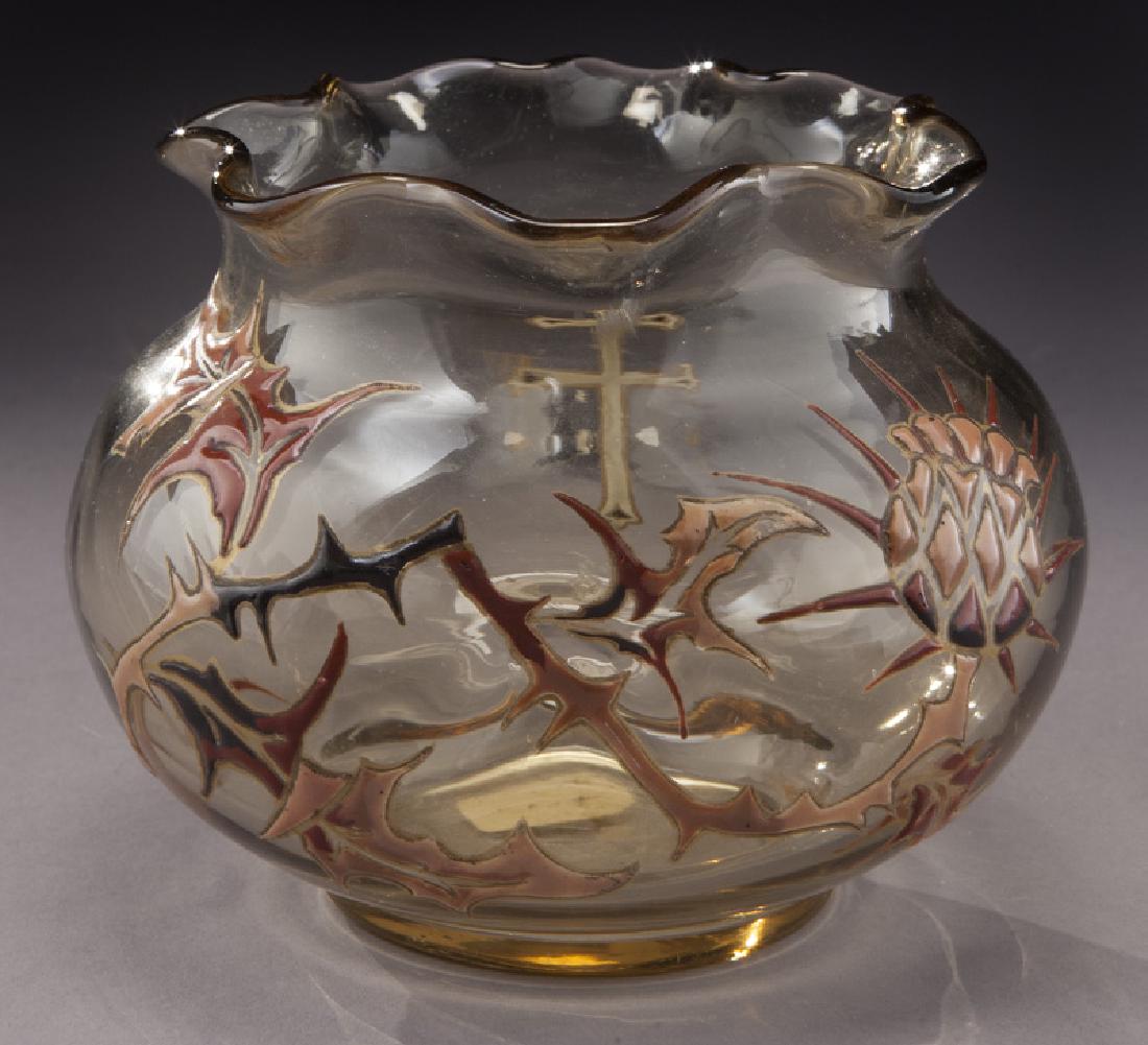 Galle enameled glass vase,: Galle enameled glass vase, pinched sided amber decorated with enamel thistle. Signed, "E Galle Nancy". 3.75"H, Circa - 1895. PROVENANCE: From the Estate of John W. Lolley, Monroe, Louisiana.