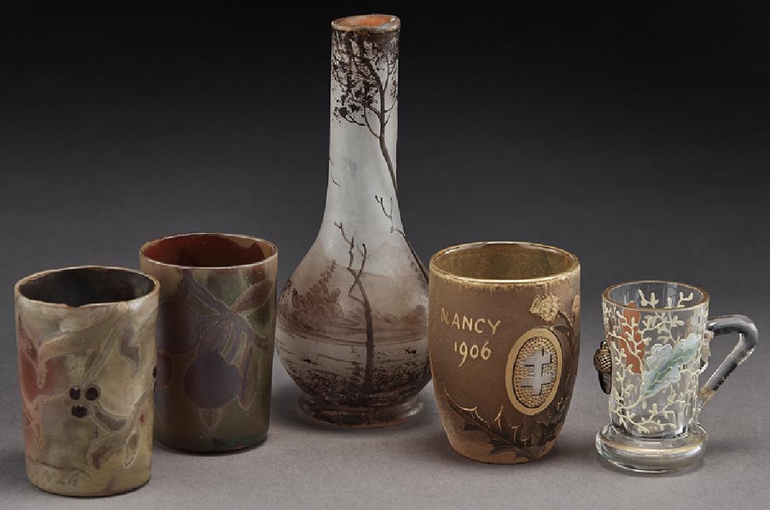 (6) Pcs. diminutive glass items,: (6) Pcs. diminutive glass items, including: (1) Daum Nancy cameo cordial; (2) D Caranza cordials; (1) Moser cordial; (2) Peynaud enamel scenic vases. Tallest: 4.25"H, Circa - Early 20th C. PROVENANCE: