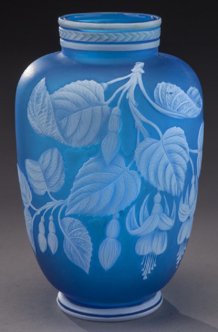 Webb cameo glass vase: Webb cameo glass vase with cascading floral and leaf design and butterfly to verso. 6"H, Circa - 1890. PROVENANCE: From the Estate of John W. Lolley, Monroe, Louisiana.