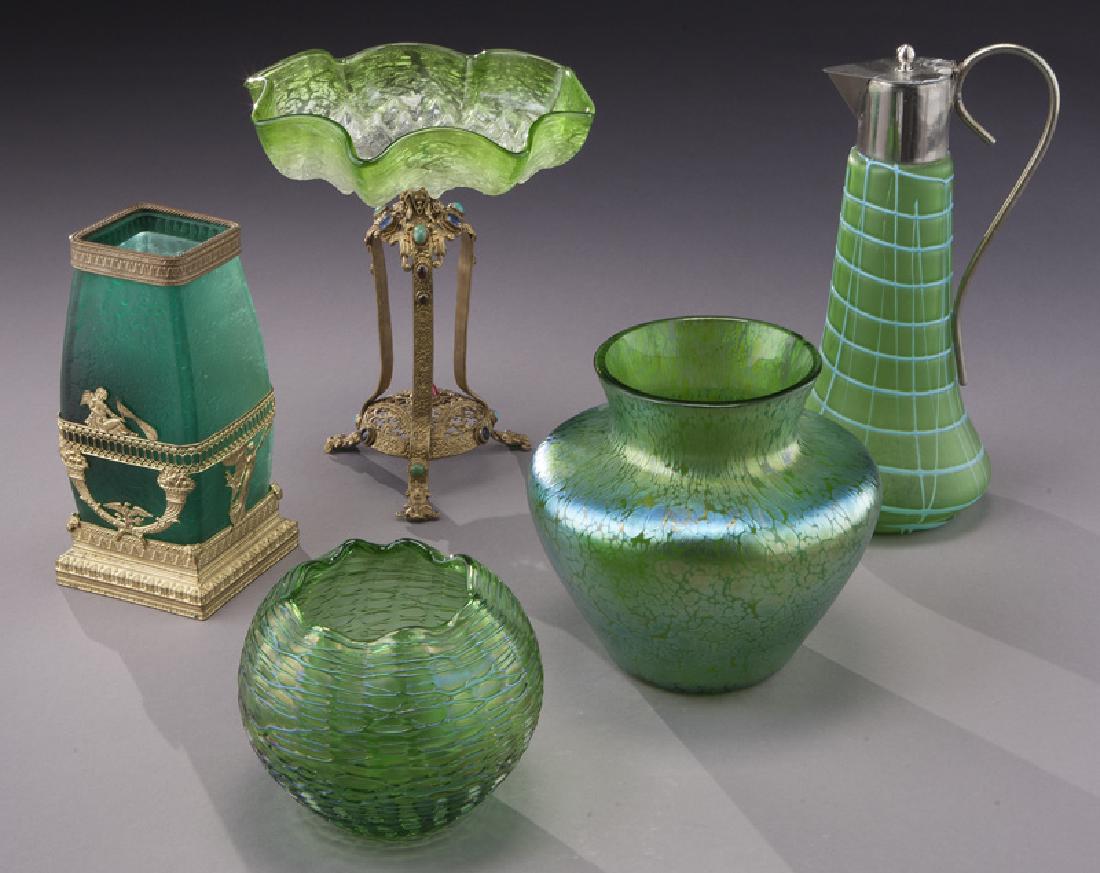 (5) Pcs. Bohemian glass,: (5) Pcs. Bohemian glass, including: (1) Loetz shouldered vase in oil spot finish; (1) Pallme Konig cruet bottle, and more. Tallest: 8.5"H, Circa - 1900. PROVENANCE: From the Estate of John W. Lolley,