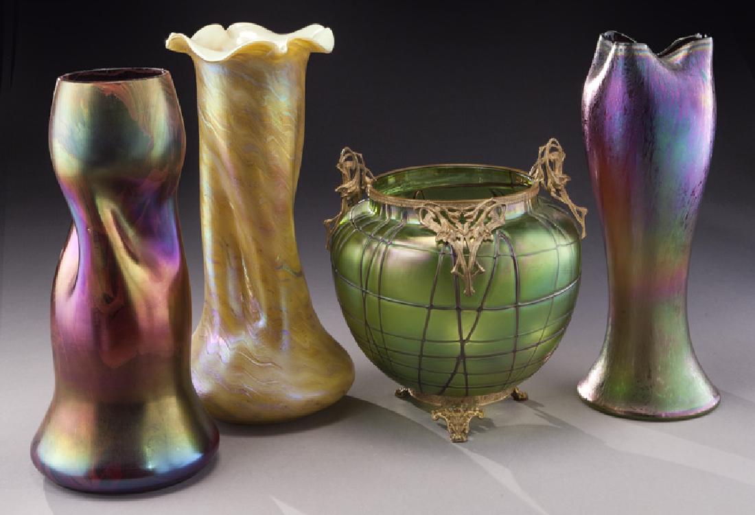(4) Bohemian glass items,: (4) Bohemian glass items, including Rindskopf, Kralik, and Pallme Konig. Tallest: 13.25"H, Circa - 1900. PROVENANCE: From the Estate of John W. Lolley, Monroe, Louisiana.