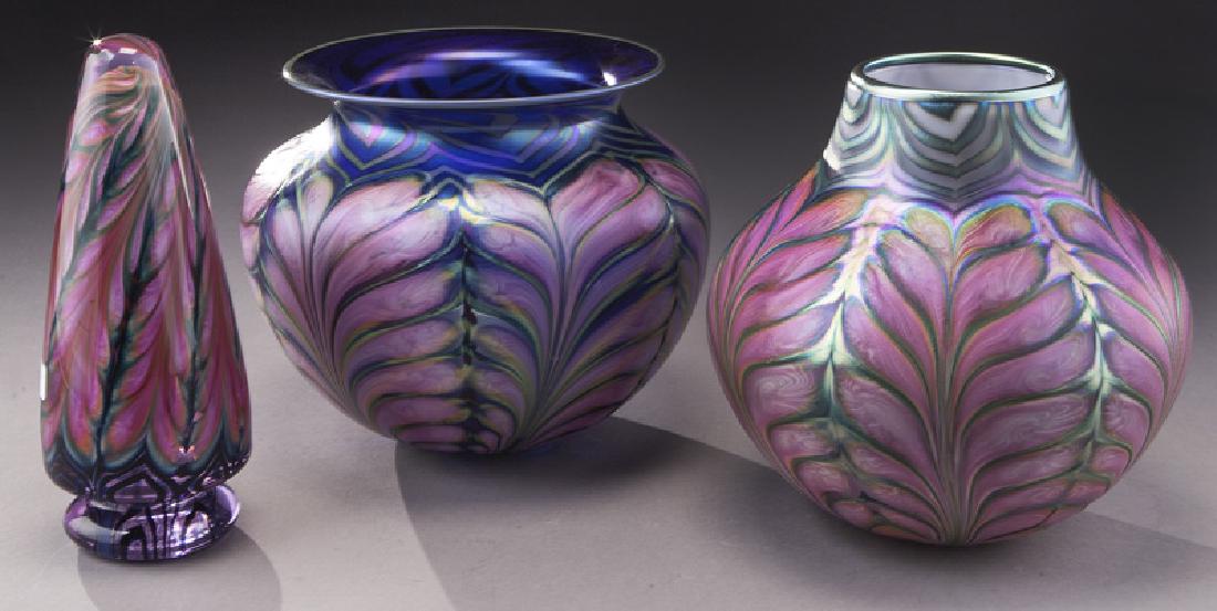 (3) Daniel Lotton art glass vases,: (3) Daniel Lotton art glass vases, each with stemmed pink leaves, including: (2) vases and (1) conical paperweight. All signed and dated 1990. Tallest: 8"H, Circa - Contemporary. PROVENANCE: From the 