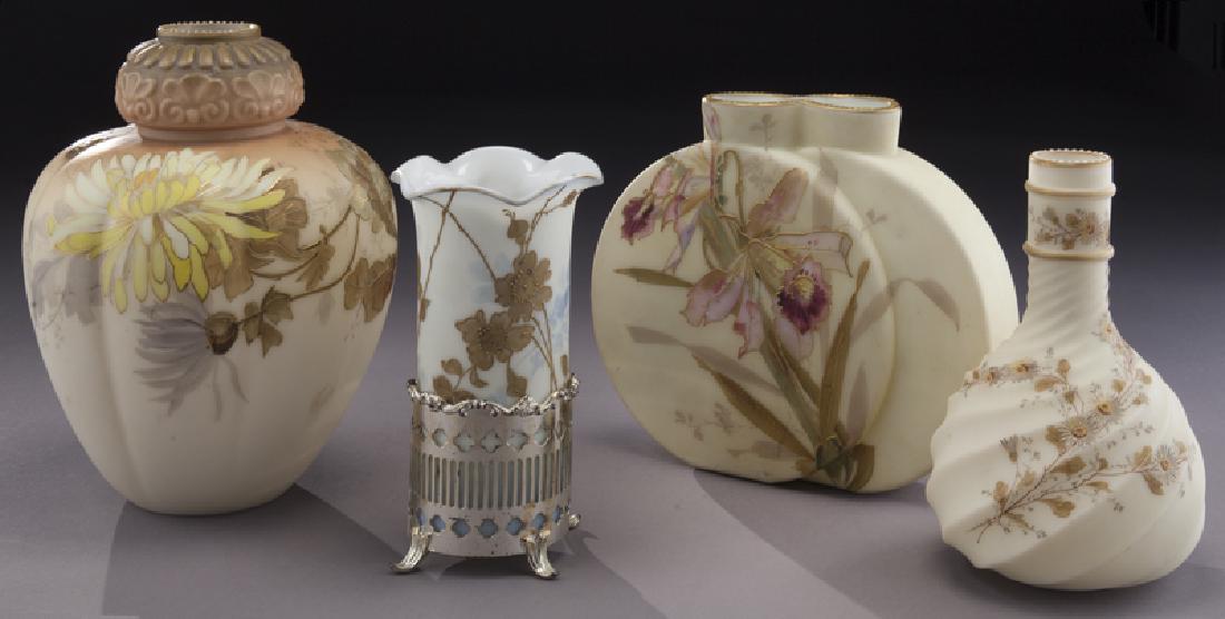 (4) Smith Bros. glass items,: (4) Smith Bros. glass items, including: (1) double pillow vase with purple iris; (1) cylindrical spill vase in metal foot; (1) marked swirled bottle form with daisies; (1) marked classic shouldered fo