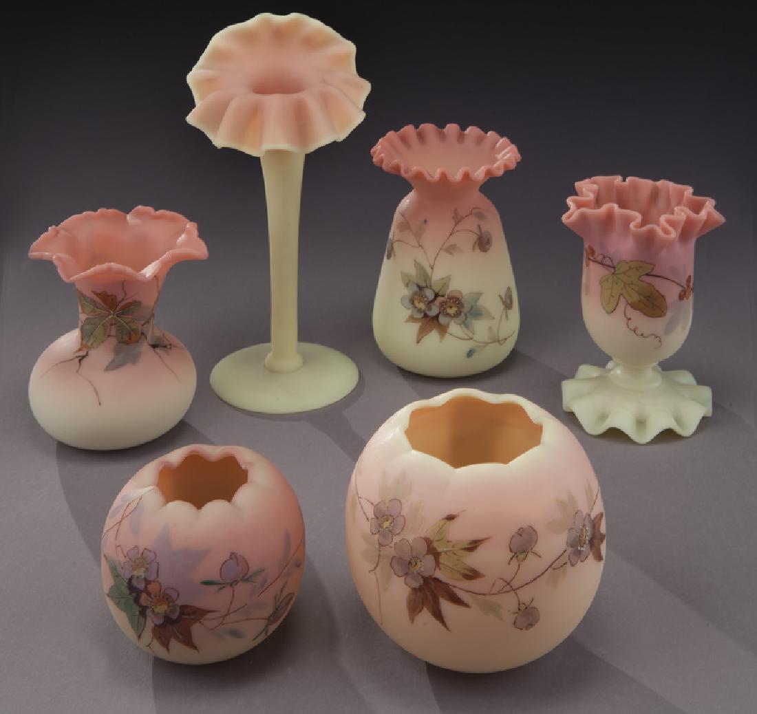(6) Pcs. Burmese glass.: (6) Pcs. Burmese glass. One marked for Webb. Various sizes, Circa - 1890. PROVENANCE: From the Estate of John W. Lolley, Monroe, Louisiana.