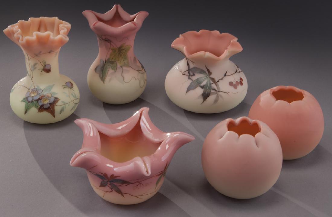 (6) Pcs. Burmese glass.: (6) Pcs. Burmese glass. One marked for Webb. Various sizes, Circa - 1890. PROVENANCE: From the Estate of John W. Lolley, Monroe, Louisiana.