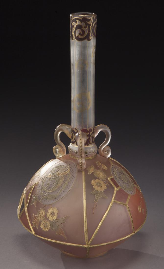 Mt. Washington Royal Flemish stick vase,: Mt. Washington Royal Flemish stick vase, triangular stick form with three applied handles adorned with griffin medallions. NOTE: Mt. Washington & Pairpoint Glass by Wilson, page 36. 9.5"H, Circa - 189