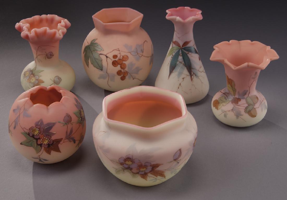 (6) Pcs. Burmese glass.: (6) Pcs. Burmese glass. One marked for Webb. Various sizes, Circa - 1890. PROVENANCE: From the Estate of John W. Lolley, Monroe, Louisiana.