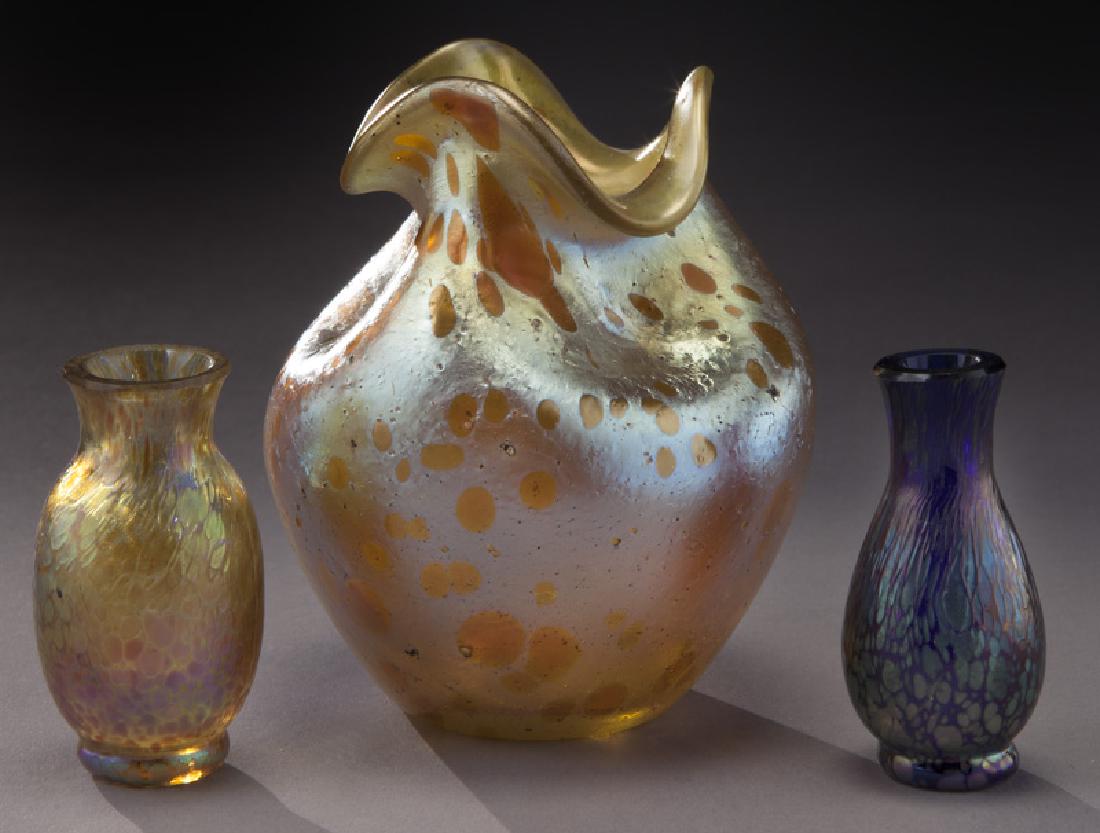 (3) Loetz diminutive glass vases,: (3) Loetz diminutive glass vases, each with papillion finishes. Circa - 1900. PROVENANCE: From the Estate of John W. Lolley, Monroe, Louisiana.