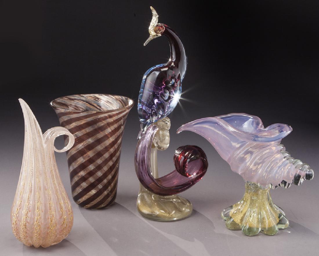 (4) Murano art glass items,: (4) Murano art glass items, including: (1) amethyst peacock with label for Alfredo Barbini; (1) shell-form dish; (1) vases; (1) pitcher, attributed to Toso. Tallest: 15"H, Circa - Mid 20th C. PROVENAN