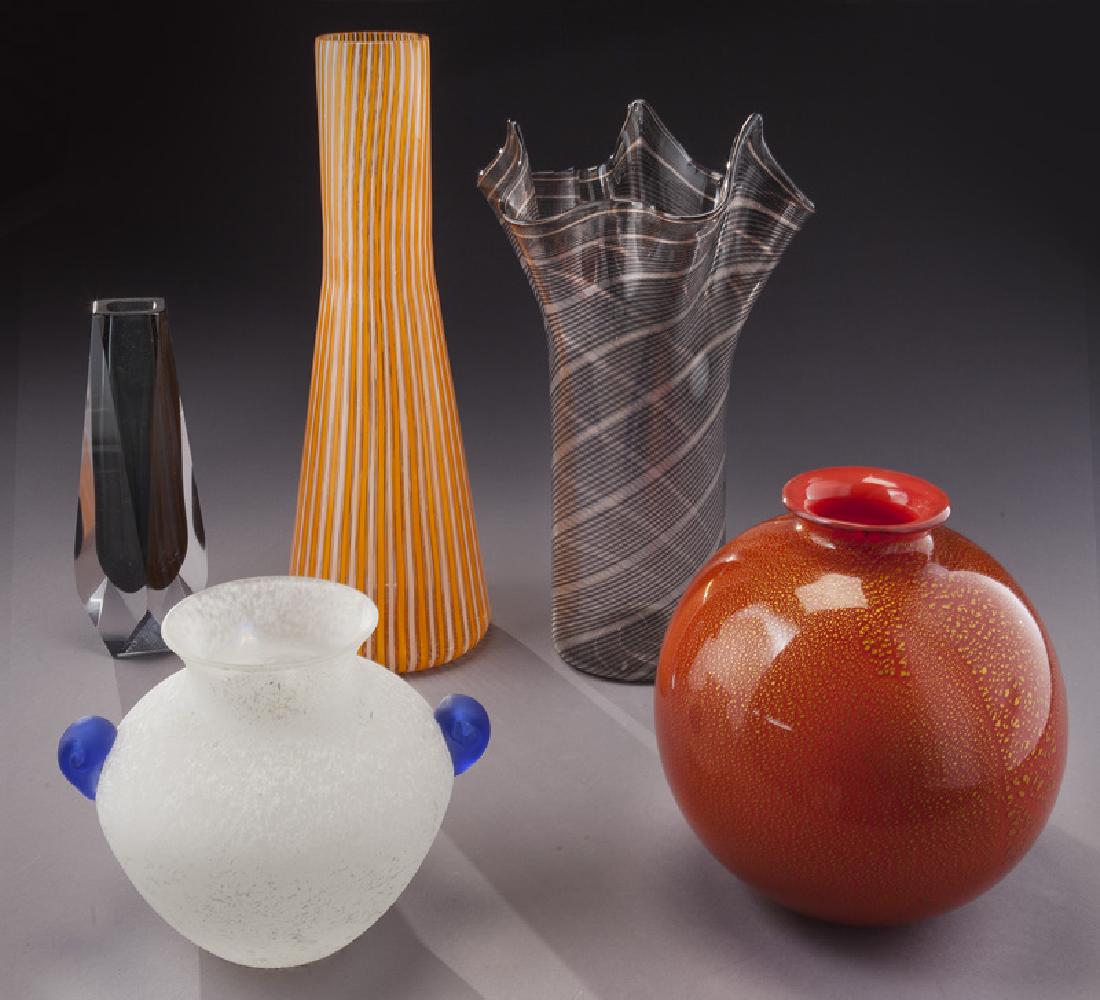 (5) Murano art glass items,: (5) Murano art glass items, including: (1) faceted cased black vase signed, "Murano Mason"; (1) vase with orange and peach stripe; (1) red ovoid vase with gold flecking; (1) ovoid vase with blue handl