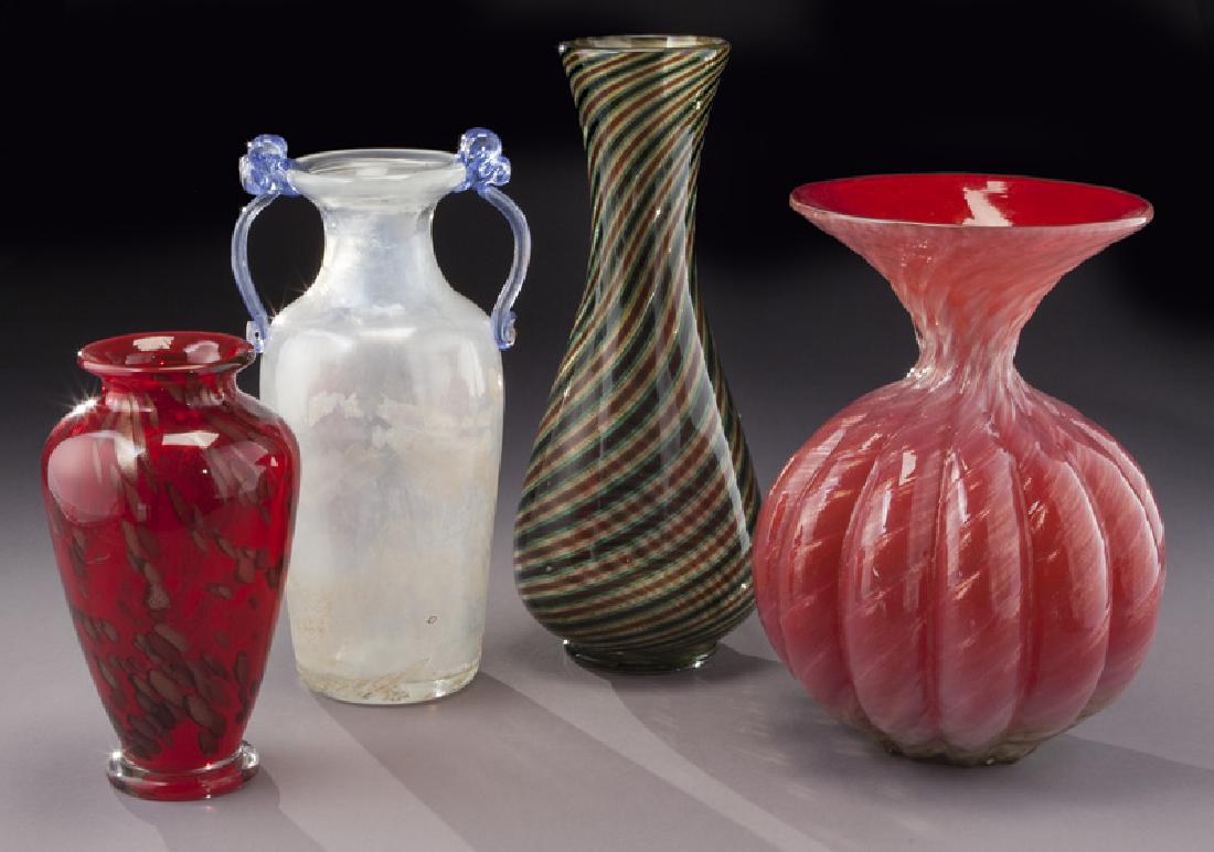 (4) Pcs. Murano art glass items,: (4) Pcs. Murano art glass items, including a swirled Barovier & Toso vase. Tallest: 14"H, Circa - Mid 20th C. PROVENANCE: From the Estate of John W. Lolley, Monroe, Louisiana.