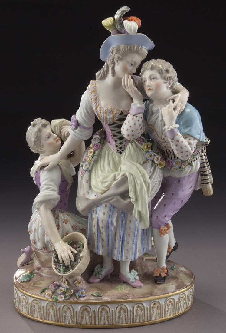 Meissen porcelain figural group,: Meissen porcelain figural group, depicting two females and a young male, the central figure with a plumed hat and each arm extended to comfort the flanking boy and girl. With crossed sword mark in blu
