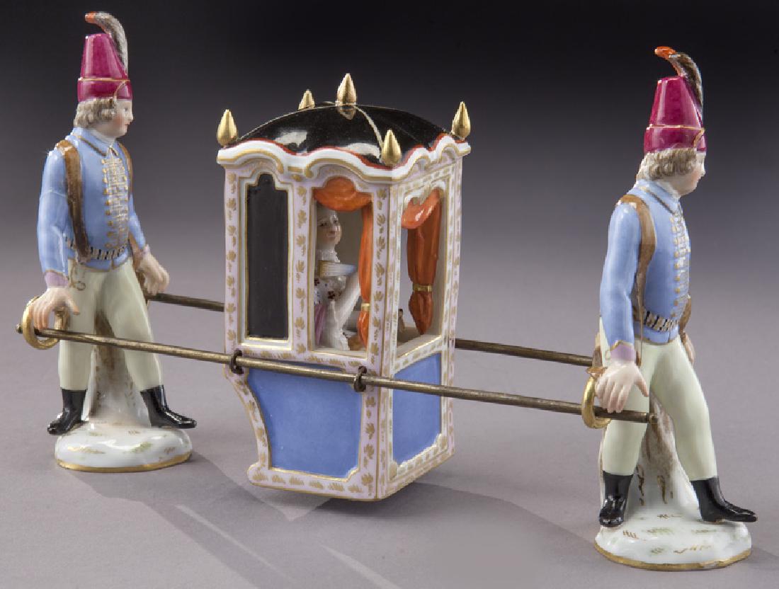Rare Meissen porcelain group,: Rare Meissen porcelain group, depicting two porters and a Sedan chair containing a lady and her dog. Originally modeled by Reiinke c. 1750. With crossed sword mark in blue underglaze. Sedan chair: 4"H