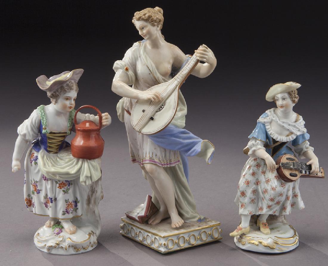 (3) Meissen porcelain figures,: (3) Meissen porcelain figures, depicting a classical robed female with lyre, a lady with harpsichord, and a lady with a kettle. Each with crossed sword mark in blue underglaze. Tallest: 6.25"H, Circa