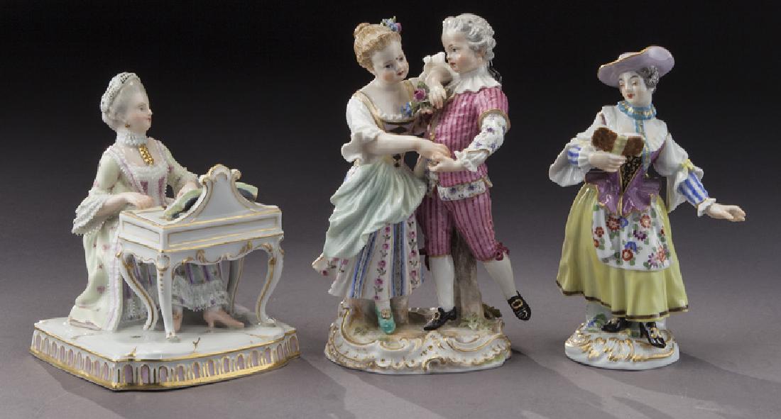 (3) Meissen porcelain figures,: (3) Meissen porcelain figures, depicting: (1) dancing pair; (1) The Hearing, from the Five Senses Series; (1) female singer. Each with crossed sword mark in blue underglaze. Tallest: 4"H, Circa - 19th