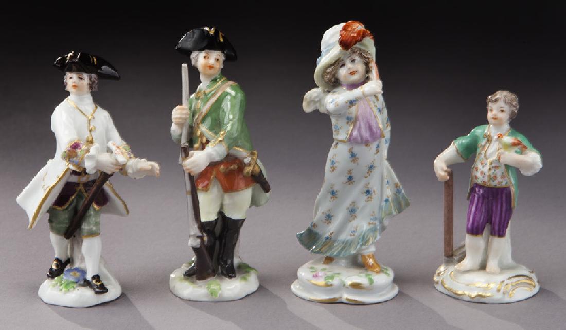 (4) Meissen porcelain miniature figures,: (4) Meissen porcelain miniature figures, comprising: (2) soldiers; (1) lady; (1) boy. Each with crossed sword mark in blue underglaze. Tallest: 3.5"H, Circa - 19th C.