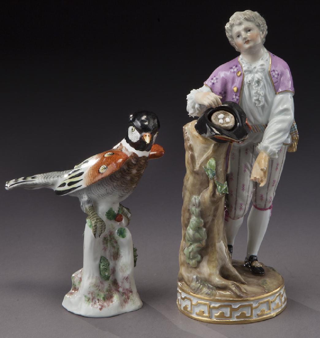 (2) Meissen porcelain figures,: (2) Meissen porcelain figures, (1) lad with eggs; (1) bird atop branch. Each with crossed sword mark in blue underglaze. Tallest: 7.25"H, Circa - 19th C.