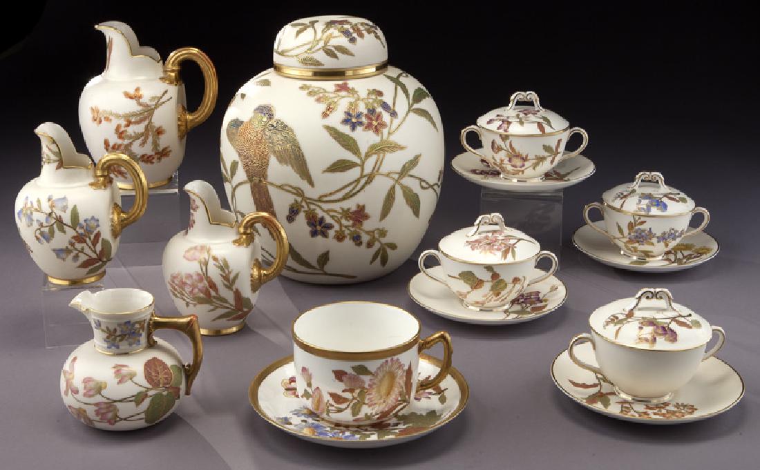 (10) Pcs. Royal Worcester porcelain,: (10) Pcs. Royal Worcester porcelain, including large lidded urn and rare cream soups with underplates. Tallest: 9.5"H, Circa - Early 20th C. PROVENANCE: From the Estate of John W. Lolley, Monroe, Loui