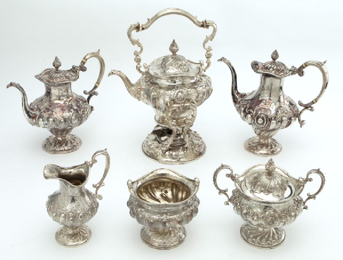 (6) Pc. Spaulding & Co. sterling coffee & tea: (6) Pc. Spaulding & Co. sterling coffee & tea service, comprising: (1) hot water kettle with stand; (1) coffee pot; (1) tea pot; (1) lidded sugar; (1) creamer; (1) waste bowl. Each marked for Spauldin